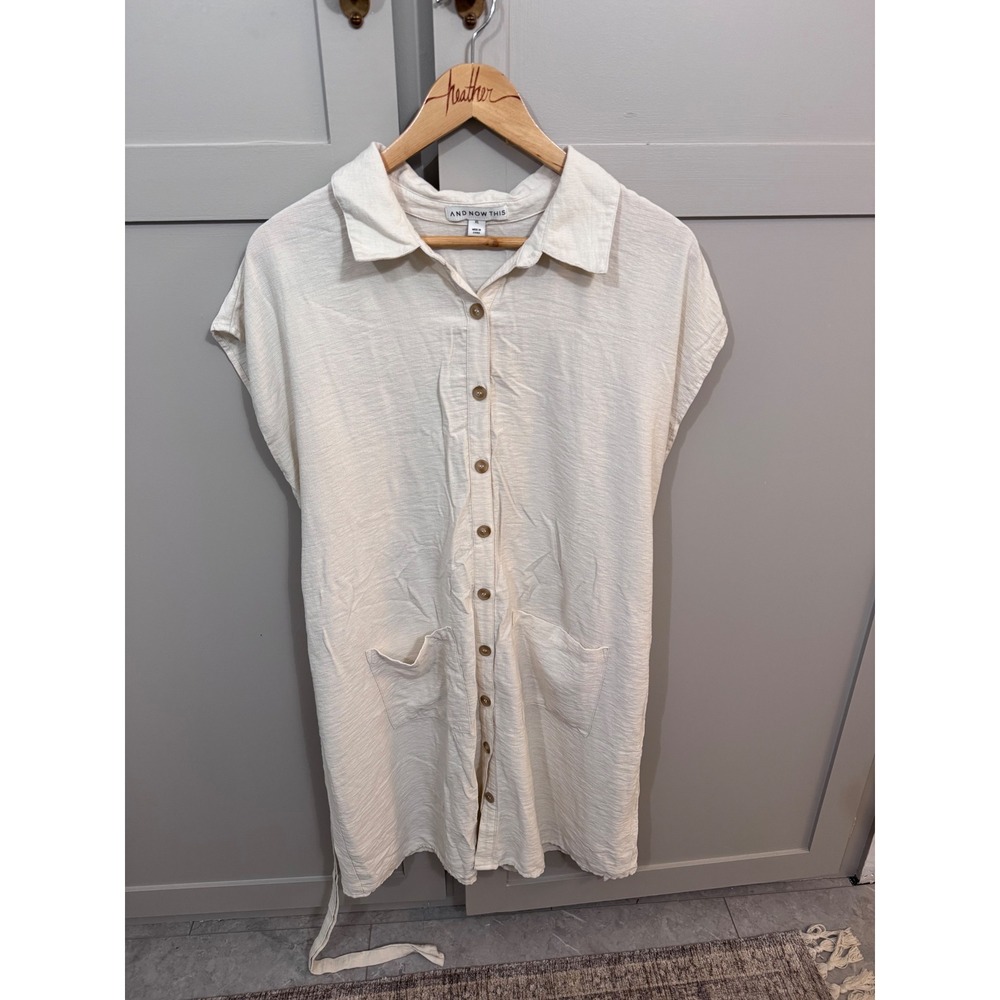 AND NOW THIS Womens Cream Textured Button Down Belted Shirt Dress XL Cap Sleeve